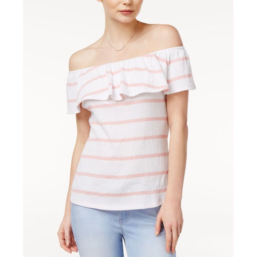 Maison Jules Striped Off-The-Shoulder Flounce Top